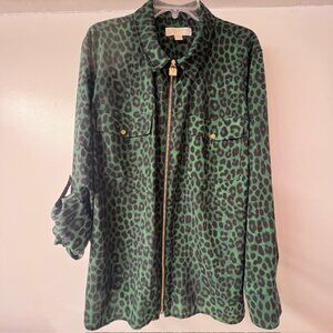 MICHAEL KORS Women's Animal Print Zip Up Jacket, Green Leopard Print, Size 3X